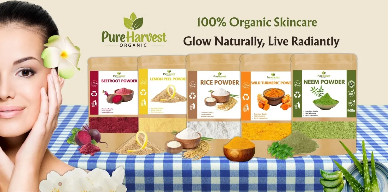 Home 2 PureHarvest Organic skincare powders including beetroot powder, lemon peel powder, rice powder, wild turmeric powder, and neem powder displayed with natural skincare ingredients and a womanβs glowing face.