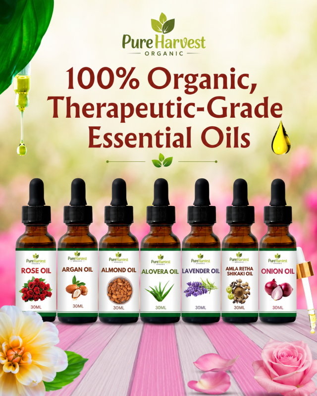 Home 7 Pure Harvest Organic essential oils collection with rose, argan, almond, aloe vera, lavender, amla retha shikaki and onion oil