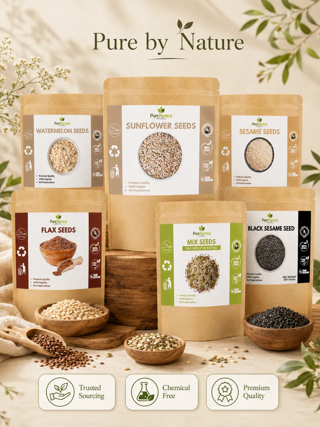 Pure Harvest Organic seed product mockups with trusted sourcing, chemical-free and premium quality badges