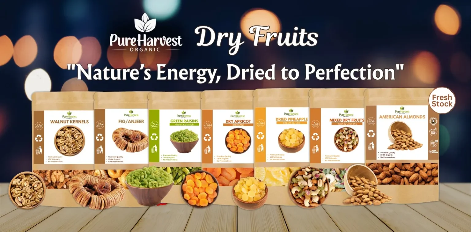 Home 4 Pure Harvest Organic dry fruits range with walnuts, figs, raisins, apricots, pineapple and almonds