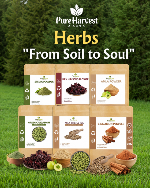 Home 6 Pure Harvest Organic herbs banner with stevia powder, hibiscus flower, amla powder, cardamom, milk thistle tea and cinnamon powder