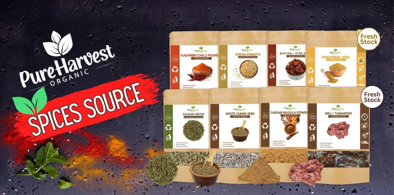 Home 5 Pure Harvest Organic spices range with chili powder, roasted makhana, bay leaf, cumin, garam masala and tamarind