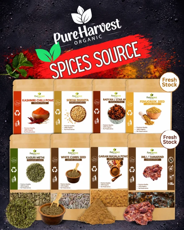 Home 8 Pure Harvest Organic spices source banner with chili powder, coriander, star anise, fenugreek, cumin, garam masala and tamarind