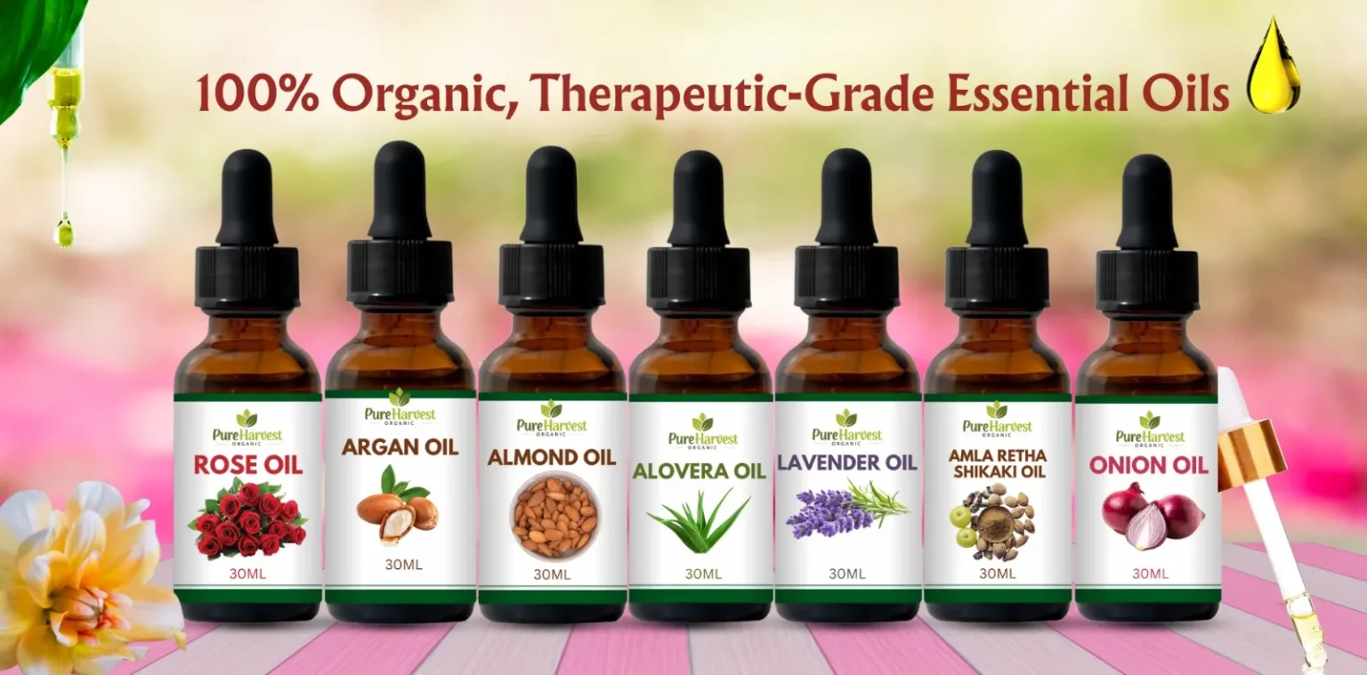 Home 3 PureHarvest Organic therapeutic-grade essential oils including rose oil, argan oil, almond oil, aloe vera oil, lavender oil, amla reetha shikakai oil, and onion oil displayed in glass dropper bottles.