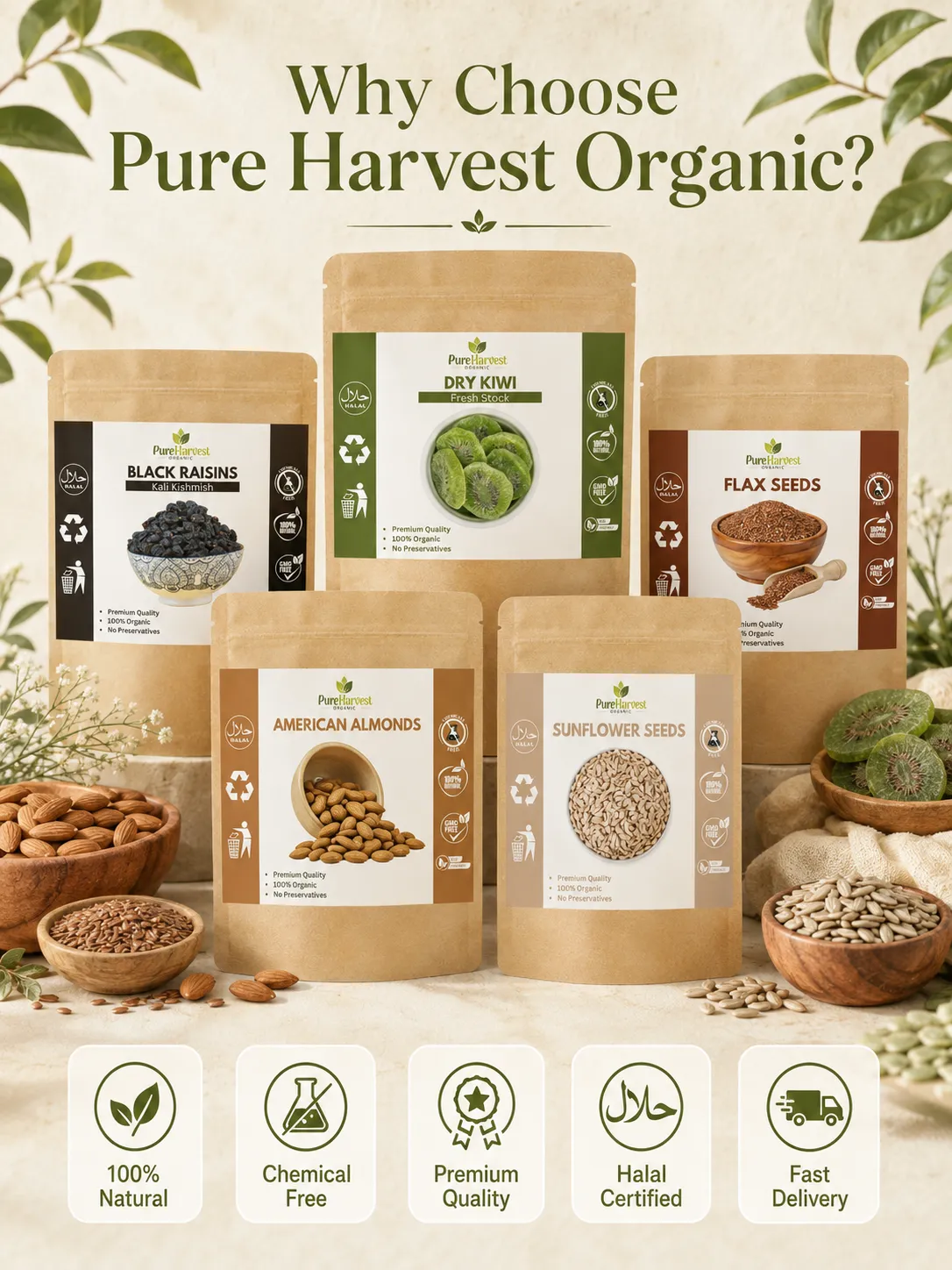 Pure Harvest Organic product mockups with 100% natural, chemical-free, premium quality, halal certified and fast delivery benefits